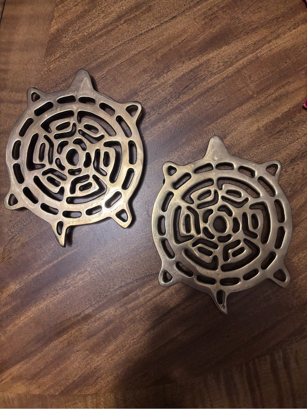 Cast Brass Pair of Turtle cut out trivets vintage bottom feet